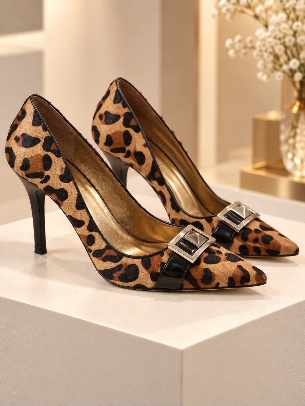 Nine West Leopard Calf Hair Buckle Pointed Toe Pumps 9.5M